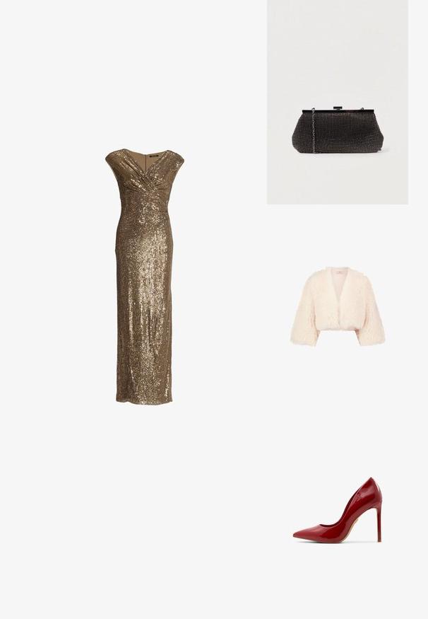 Veste courte en fausse fourrure couleur crème avec larges manches trois-quarts et devant ouvert.; Robe de soirée sans manches en sequins dorés avec un décolleté en V et un effet cache-cœur, silhouette longue ajustée.; Escarpin en cuir verni rouge à talon aiguille, avec un bout pointu, une surface lisse et un talon élancé, doté d'une semelle beige.; Pochette noire en mesh avec une silhouette structurée, ornée de petits clous métalliques, dotée d'une fermeture à clip et d'une bandoulière en chaîne détachable.