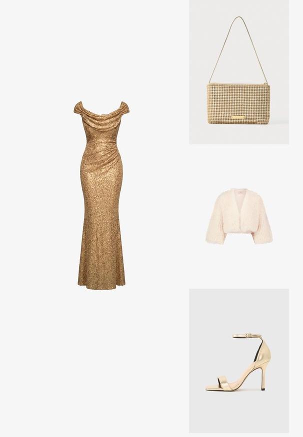 Roomkleurige cropped faux fur jas met brede driekwart mouwen en open voorkant.; Gouden avondjurk met pailletten, off-shoulder, met geplooide details en een nauwsluitend, tot op de vloer reikend silhouet.; Gouden metallic hoge hak sandaal met een dunne enkelband, open teen en een strak ontwerp. Kenmerkt zich door een gladde textuur en minimalistische details.; Gouden clutch met een rechthoekige vorm, bedekt met glanzende, zilveren strass-steentjes. Voorzien van een dunne metalen schouderriem en een ritssluiting.