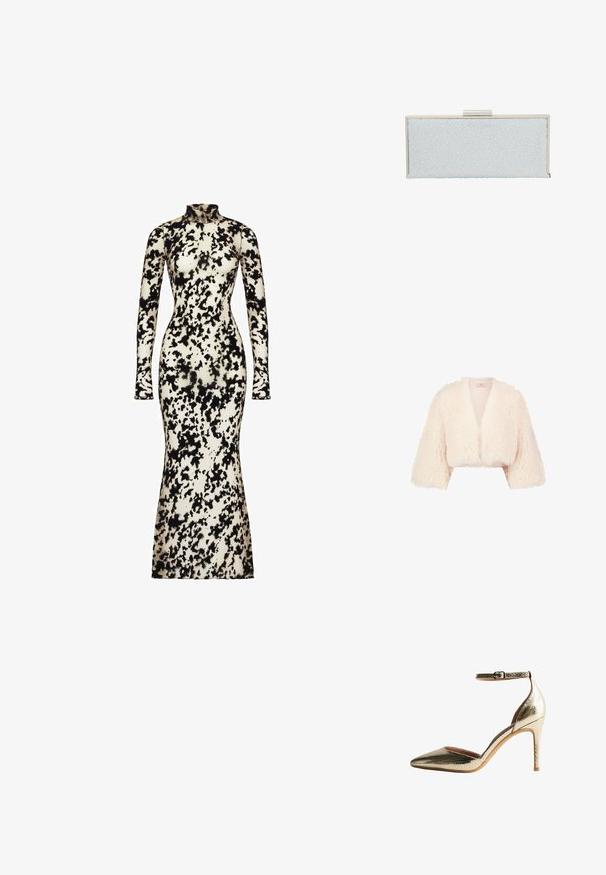Roomkleurige cropped faux fur jas met brede driekwart mouwen en open voorkant.; Langsleeve, getailleerde jurk van gladde stof, met een zwart en crème abstract patroon, een hoge hals en een uitlopende zoom.; Gouden, textuur ontwerp, hoge hakken met een puntige neus en enkelbandje. Voorzien van een gladde binnenvoering en een slanke stilettohak.; Lichtblauwe clutch met een gestructureerd oppervlak voorzien van heldere, verhoogde druppels. Zilverkleurige hardware bij de bovensluiting, rechthoekige vorm.