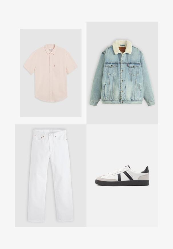Lichtblauwe spijkerjack met fleecevoering, voorzien van een fluffy witte kraag, borstzakken aan de voorkant en metalen drukknoopsluitingen.; Korte mouwen lichtroze button-up shirt met een kraag, zakje op de linkerborst en een afgeronde zoom. Gemaakt van zachte stof met een minimale textuur.; Witte rechte jeans met vijfzakkenontwerp, knoop- en ritssluiting, en koperen klinknageldetails op de zakken.; Witte sneaker met zwarte en grijze accenten, voorzien van een grijze neus met textuur, zwarte rubberen zool en platte witte veters. Schoon ontwerp, minimalistische stijl.