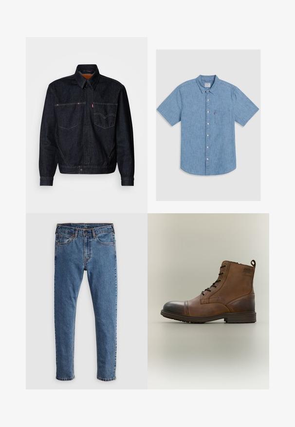 Chaqueta de mezclilla oscura con cremallera frontal, dos bolsillos en el pecho y un cuello. Presenta costuras en contraste y una etiqueta de marca en el bolsillo izquierdo.; Camisa de mezclilla de manga corta en azul claro, con un bolsillo frontal, cuello y un dobladillo ligeramente curvado.; Jeans de mezclilla azul con corte recto, cinco bolsillos, costuras naranjas y un cierre clásico de botón y cremallera. Textura desgastada a lo largo de las piernas.; Bota de cuero marrón con cordones hasta el tobillo, puntera negra, suela redonda y detalle de marca en el lateral sobre un fondo liso.