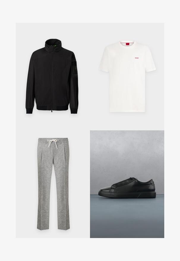 Zwarte lichtgewicht jas met hoge kraag, volledige ritssluiting aan de voorkant, elastische manchetten en ritszak op de bovenste linker mouw.; Effen wit T-shirt met korte mouwen en ronde hals, met een klein rood "HUGO"-logo op de linkerborst en een rood label in de kraag.; Lichtgrijze, recht gesneden broek met een gestructureerde stof, elastische tailleband met witte trekkoord, voorslieten en zijzakken.; Zwarte laagflank sneaker met een gladleren bovenkant, minimale stiksels en een rubberen zool, weergegeven in profiel op een witte achtergrond.