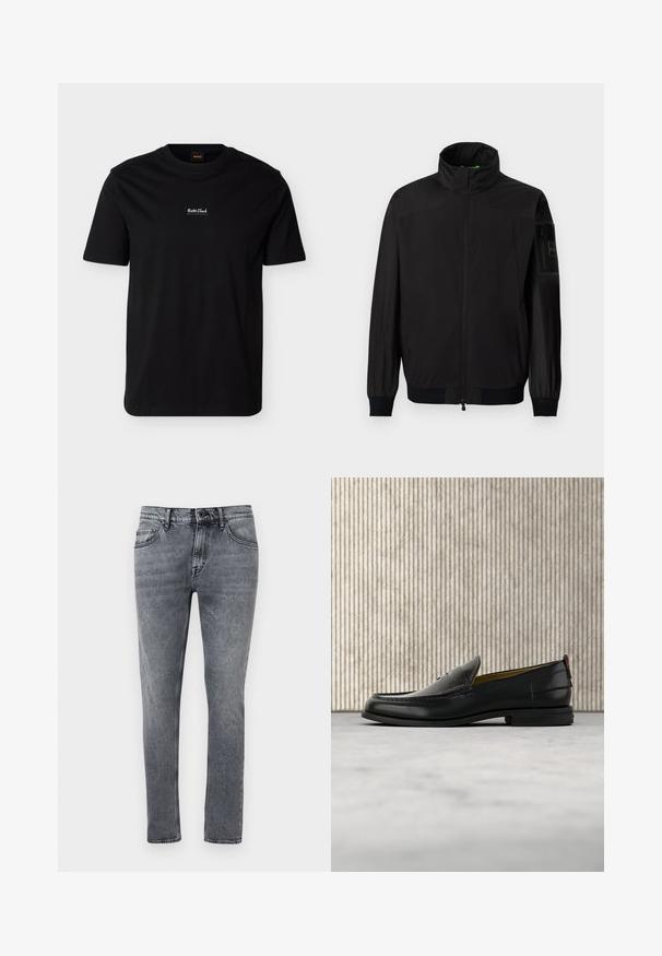 Veste noire légère avec col montant, fermeture éclair pleine longueur à l'avant, poignets élastiques et poche zippée sur la manche gauche supérieure.; T-shirt noir à manches courtes avec col rond, petit texte blanc "Boss Club" centré sur la poitrine et une étiquette orange "Boss" à l'intérieur du col.; Jean slim gris en denim avec cinq poches, fermeture à bouton, et texture délavée, présenté sur un fond blanc.; Mocassin pour homme en cuir noir avec un dessus embossé effet croco et un petit talon, présenté de profil sur un fond neutre.