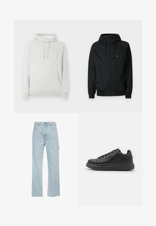 Mustast veniva kapuutsiga jope, valmistatud pehmest ja siledast kangast. Omab elastseid mansette ja väikest logo vasakul rinnal.; Hele halli kapuutsiga dressipluus, millel on eraldatav kapuuts, eesmine tasku, soonikkoes varrukad ja äär, ning rinnal on peene logo mulje.; Heledad sinine denim teksad sirge säärega disainiga, sisaldavad esimesi ja tagumisi taskuid ning küljetaskut. Sile tekstuur, igapäevane stiil.; Jack & Jones Trainers Trainers - Tossud - black