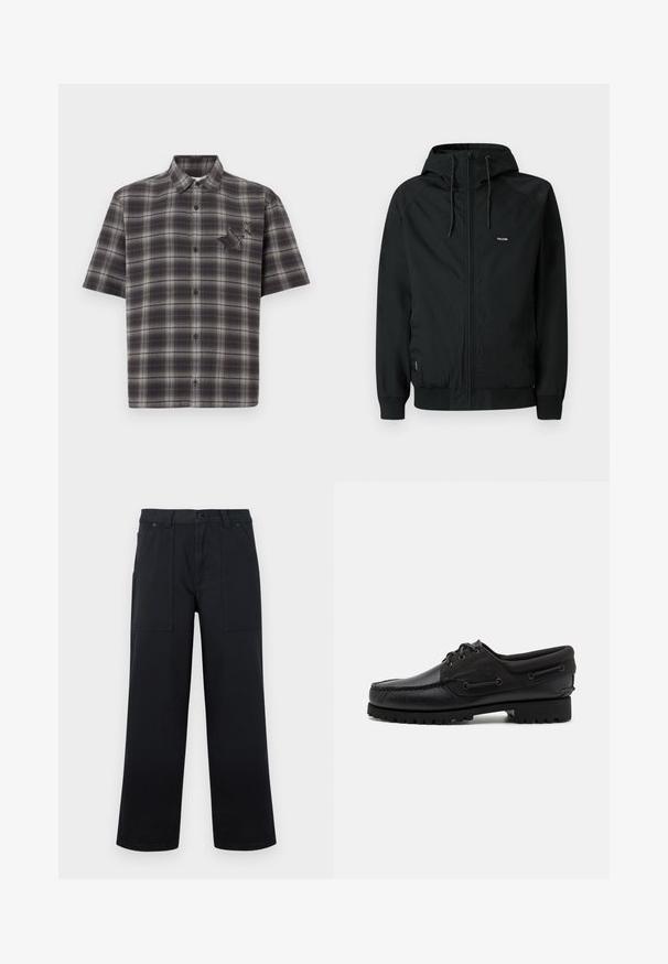 Veste noire à fermeture éclair avec capuche, fabriquée en tissu doux et lisse. Comprend des poignets élastiques et un petit logo sur le côté gauche de la poitrine.; Chemise à manches courtes à carreaux bleu foncé et gris. Dotée d'une fermeture à boutons sur le devant, d'un col pointu, et d'un accent en forme d'étoile texturée sur la poitrine.; Pantalon noir à jambes larges avec poches plaquées à l'avant, passants pour ceinture et fermeture par bouton, présenté sur un fond uni.; Chaussure noire avec un dessus en cuir, des accents textiles, des lacets ronds et une semelle en caoutchouc texturé. Présente des coutures mocassins et des détails de marque.