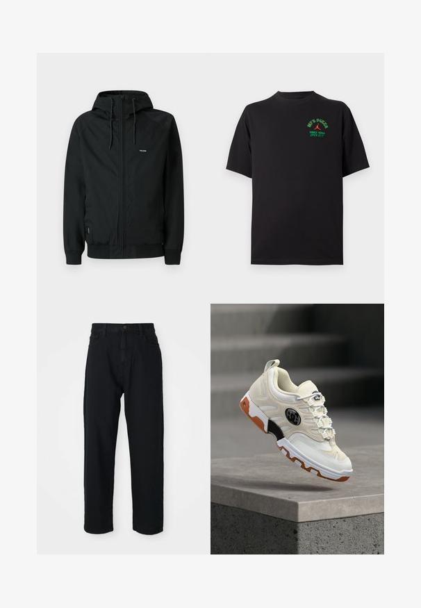 Schwarze Reißverschlussjacke mit Kapuze aus weichem, glattem Stoff. Verfügt über elastische Bündchen und ein kleines Logo auf der linken Brust.; Schwarzes T-Shirt mit kurzen Ärmeln mit grünem und orangefarbenem Schriftzug und Logo "MJ'S PIZZA Since 1984 Open 23/7" auf der linken Brust.; Schwarze Jeans mit geradem Schnitt. Verfügt über ein klassisches Fünf-Taschen-Design, Knopfverschluss und subtile Stofftextur.; Beiger Sneaker mit weißer und orangener Sohle, schwarzem Logo an der Seite, weißen Schnürsenkeln, schwebend über einer Betonoberfläche dargestellt.