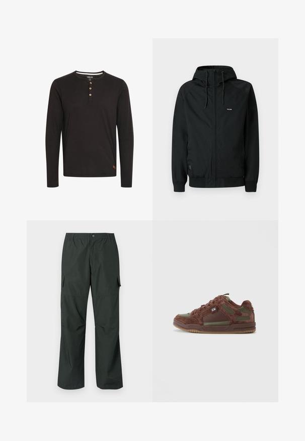 Chaqueta negra con cremallera y capucha, hecha de tela suave y lisa. Presenta puños elásticos y un pequeño logotipo en el lado izquierdo del pecho.; Camisa de manga larga negra hecha de una tela suave, con un cuello redondo, tapeta de botones con botones de madera y una pequeña etiqueta de logo en el dobladillo.; Pantalones cargo verde oscuro con un corte relajado, cintura elástica, bolsillos cosidos y una textura de tela suave y ligera.; Zapatilla de ante marrón y verde oliva de caña baja con cierre de cordones y suela de goma sobre un fondo claro y liso.