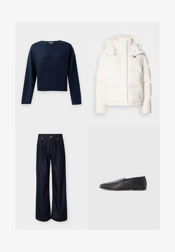 Hvid dunjakke med hætte, med quiltet design, trykknapper og et lille logo på brystet. Blød, glansfuld tekstur.; Marineblå, langærmet cropped sweater med rund hals, præsenteret mod en hvid baggrund.; Vide denimjeans i mørkeblå med brede ben, forrest med knapper og fem-lomme-design på en ensartet lys baggrund.; Sorte læderloafers med en glat tekstur, rundet tå og subtile syningsdetaljer. Har en guldfarvet logoaccent på oversiden.