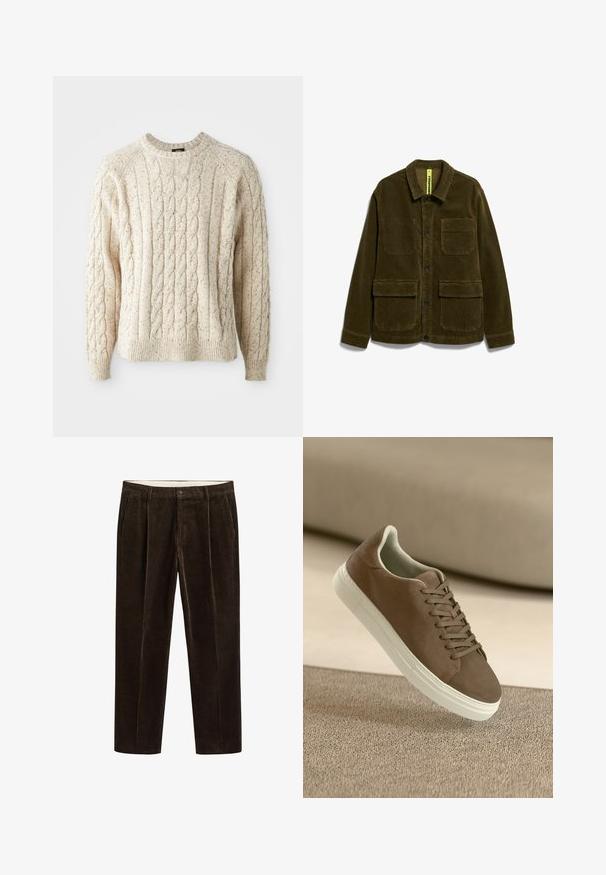 Dunkelolivgrüne Cordjacke mit Kragen, Knopfleiste vorne, einer Brusttasche und zwei großen Pattentaschen an der Taille.; Cremfarbener Kabelstrickpullover mit Rundhalsausschnitt, strukturiertem Muster und gerippten Bündchen und Saum. Hergestellt aus weicher, dicker Wolle.; Dunkelbraune Cordhosen mit Fronttaschen, Gürtelschlaufen und Knopfverschluss auf einfarbigem Hintergrund.; Braune Wildleder-Sneaker mit glatter Oberfläche, Schnürdesign und weißer Gummisohle. Verfügt über eine abgerundete Zehenpartie und eine stromlinienförmige Form.