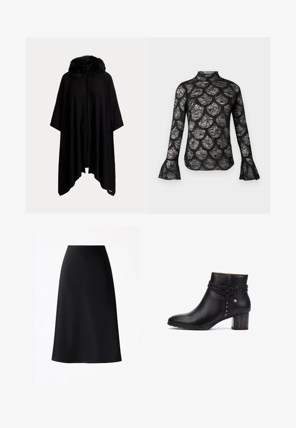 Poncho noir avec un col en fourrure, présentant un design ample et fluide, et une ouverture sur le devant. Texture douce et manches mi-longues.; Haut en dentelle noire avec col montant et manches longues évasées, présentant un motif festonné sur tout le tissu.; Jupe noire trapèze en tissu lisse et doux. Caractérisée par une taille haute et un ourlet arrivant au genou. Design simple sans motifs ni accents visibles.; Pikolinos CALAFAT - Boots à talons - black