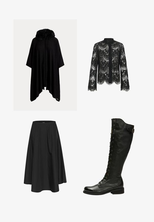 Sort poncho med krave i pelskant, der har et løst, svævende design og en åben front. Blød tekstur og 3/4-ærmer.; Sort langærmet bluse i lace med blomsterprint, bølget kant, høj halsudskæring og knaplukning foran.; Sort knælang nederdel med elastisk talje, der har plisseringer for volumen og en glat tekstur. Enkel, klassisk design uden udsmykninger.; Sorte læder knæhøje støvler med snørebånd foran, sølvøjer og sidebælte. Har en tekstureret overflade og stablet hæl.