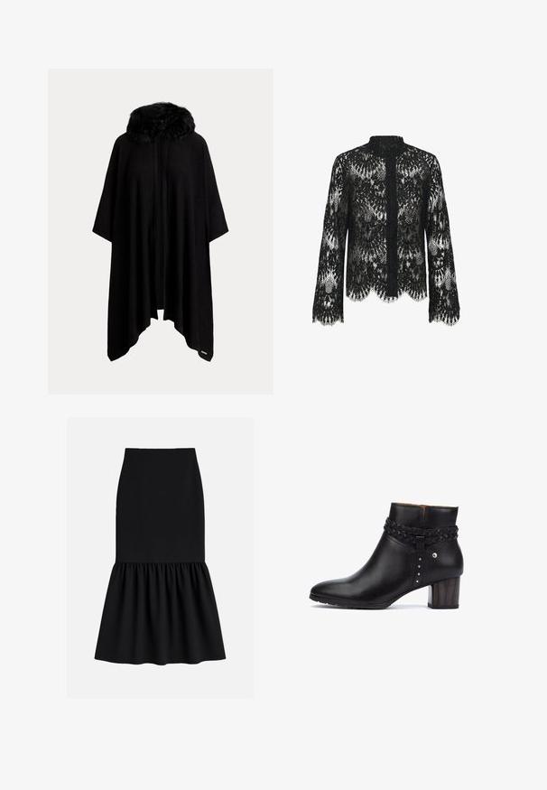Sort poncho med krave i pelskant, der har et løst, svævende design og en åben front. Blød tekstur og 3/4-ærmer.; Sort langærmet bluse i lace med blomsterprint, bølget kant, høj halsudskæring og knaplukning foran.; Sort midi-nederdel lavet af strækbart stof, med en tætsiddende talje og en udvidet, rynket bund med en glat tekstur.; Pikolinos CALAFAT - Ankelstøvler - black