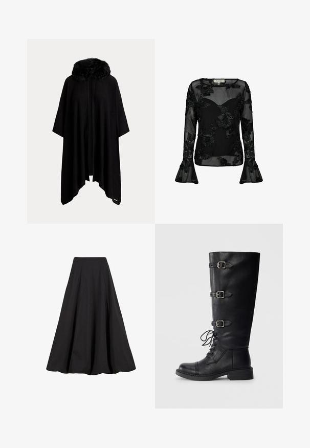 Poncho noir avec un col en fourrure, présentant un design ample et fluide, et une ouverture sur le devant. Texture douce et manches mi-longues.; Blouse noire transparente avec des motifs floraux brodés. Présente des manches longues avec des poignets évasés et un décolleté en cœur. Texture lisse.; Jupe longue noire en tissu lisse, présentant des plis et une taille haute. Le design offre une silhouette fluide et un volume ample.; Bottines en cuir noir, hautes jusqu'au genou, avec un laçage sur le devant, trois accents de boucles, un bout rond et un petit talon carré. Texture lisse avec une finition mate.