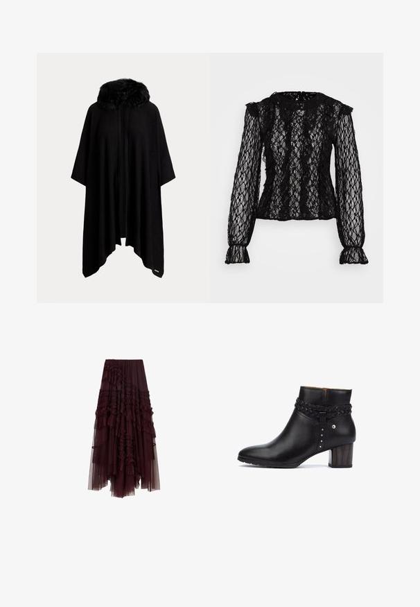 Sort poncho med krave i pelskant, der har et løst, svævende design og en åben front. Blød tekstur og 3/4-ærmer.; Sort blonderet langærmet top med en tætsiddende pasform, flæsedetaljer ved skuldrene og manchetterne, samt et struktureret blomster-mønster overalt.; Bordeaux tylskørt med rynkede lag, elastisk talje og varierende længder, der har en blød, let tekstur.; Pikolinos CALAFAT - Ankelstøvler - black