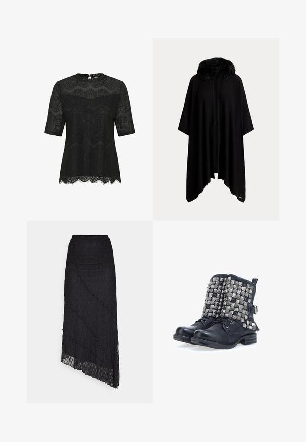Poncho noir avec un col en fourrure, présentant un design ample et fluide, et une ouverture sur le devant. Texture douce et manches mi-longues.; Top en dentelle noire à manches courtes. Présente des motifs floraux complexes, un ourlet festonné et une fermeture en trou de serrure au dos. Texture semi-transparente.; ONLY ONLKIM SLIT - Jupe longue - black; Bottes ankle en cuir noir avec des talons plats, ornées de clous métalliques de différentes formes sur le dessus. Détails de lacets et accent de boucle sur le côté.