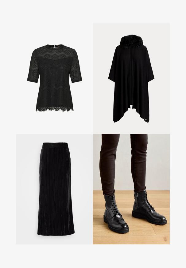 Poncho negro con un collar de piel, con un diseño suelto y fluido y un frente abierto. Textura suave y mangas de longitud media.; Top de encaje negro con mangas cortas. Presenta detalles florales intrincados, un dobladillo con forma de concha y un cierre en la parte posterior con forma de ojal. Textura semi-translúcida.; Falda larga de terciopelo negro con pliegues verticales y una pretina de encaje en forma de concha. La tela tiene un aspecto suave y texturizado.; Botas negras de cuero hasta el tobillo con detalles de brogue, cordones en la parte delantera, cremalleras laterales y suelas de goma texturizadas. Combinadas con pantalones oscuros de corte slim.