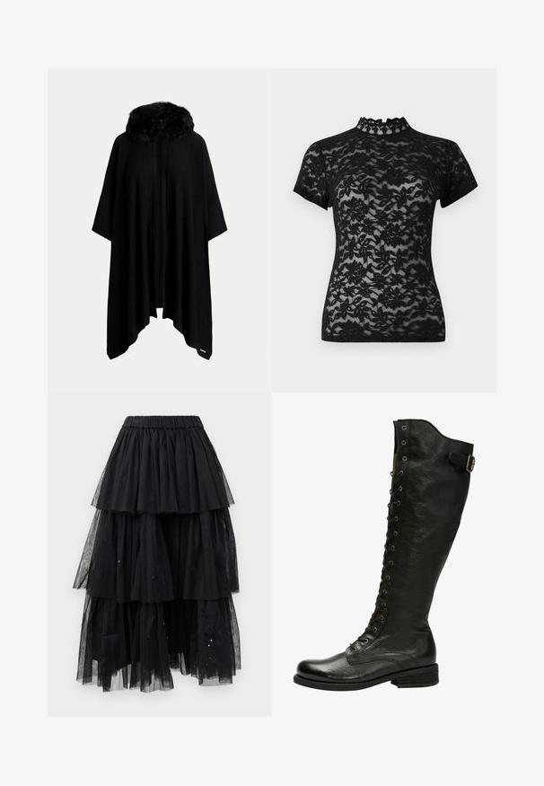 Poncho negro con un collar de piel, con un diseño suelto y fluido y un frente abierto. Textura suave y mangas de longitud media.; Top de encaje negro con un alto cuello rizado y mangas cortas, que presenta un patrón floral y una textura transparente en todo su diseño.; Falda de tul negro en capas con cinturilla elástica y un diseño en cascada con longitudes variables y sutiles toques de purpurina.; Bota de cuero negro hasta la rodilla con cordones en el frente, ojales de plata y hebilla lateral. Presenta un acabado texturizado y tacón apilado.
