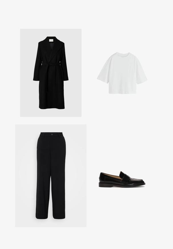 Lang sort slå-om frakke med brede revers og et stofbælte bundet i taljen, vist på en neutral baggrund.; Simpel hvid oversized T-shirt med korte ærmer, rund hals og løs pasform.; Sorte breddebenbukser lavet af et glat stof. Har en taljebånd med en knaplukning og detaljer med frontfolder.; Sorte læder loafers med glat finish, afrundet tå og en dekorativ rem over fronten. Lav blokhælsdesign.