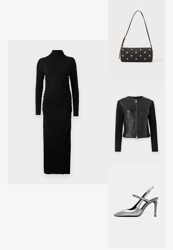 Sort tætsiddende jakke med læderfrontpanel, ærmer af stof og central sølvlynlås.; Sort langærmet kjole med ribbet turtleneck, rucherede sider og en lige maxi-silhuet. Lavet af blødt, strækbart stof.; Sølv slingback høje hæle med spids tå, blank finish og tynd stiletthæl. Dekorativ strop med metalliske accenter.; Sort cylindrisk håndtaske med guldfarvede nitter og justerbar skulderrem, med "Michael Kors" logo i guld på fronten.