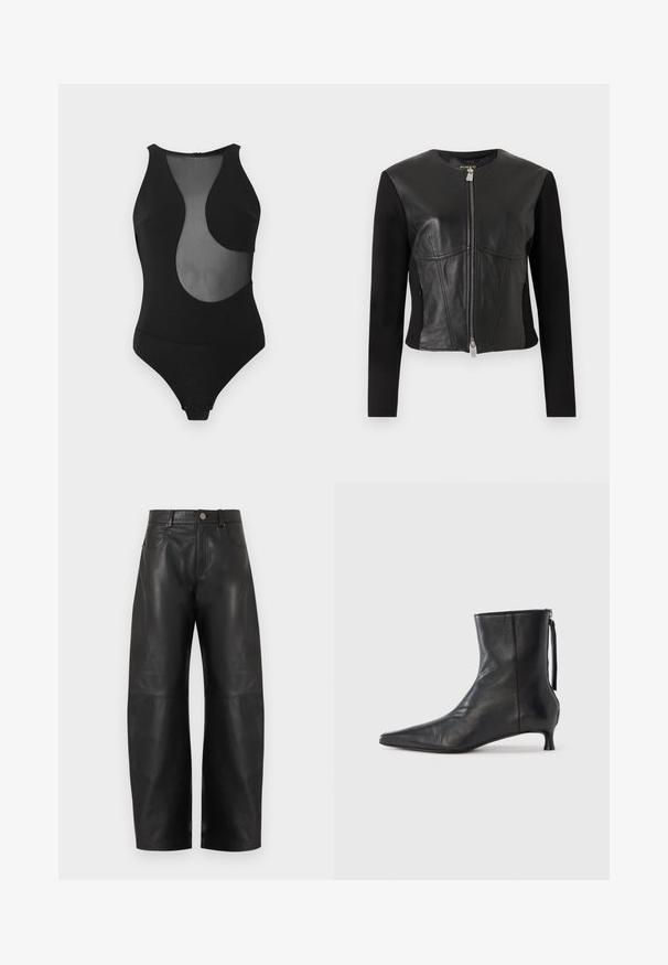 Veste noire ajustée avec panneau avant en cuir, manches en tissu, et fermeture centrale zippée argentée.; Maillot de bain une pièce noir avec un design découpé en maille, sans manches, col montant, et fermeture pressionnée en bas. Texture lisse sur toute la surface.; Pantalon large en cuir noir taille haute avec bouton à l'avant, fermeture éclair et deux poches avant, présenté sur un fond blanc.; Bottine en cuir noir à bout pointu, forme structurée et petit talon. Dispose d'une fermeture éclair latérale et d'un design minimaliste.