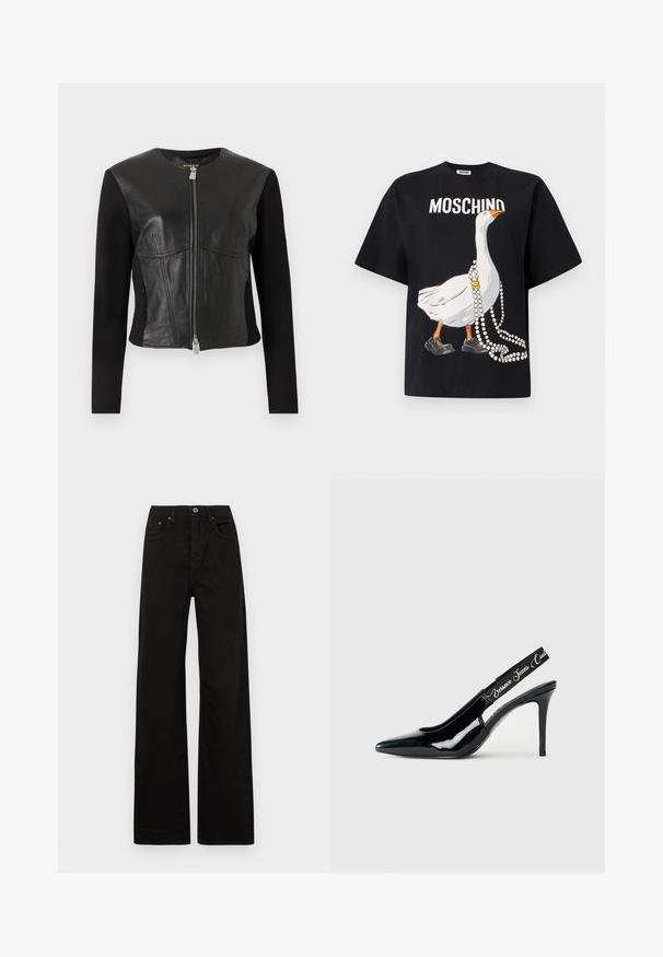 Sort tætsiddende jakke med læderfrontpanel, ærmer af stof og central sølvlynlås.; Sort T-shirt i bomuld med stort motiv af en gås, der bærer sorte sko og en perlekæde, med teksten "MOSCHINO" over.; Sorte breddebenede jeans lavet af solidt stof. Har en frontknaplukning, bælteløkker og to forlommer. Glat, ensartet tekstur.; Sorte patentlæder slingback hæl med spidse tæer, der har en udskåret sektion og en elastisk rem prydet med mærkenavnet.