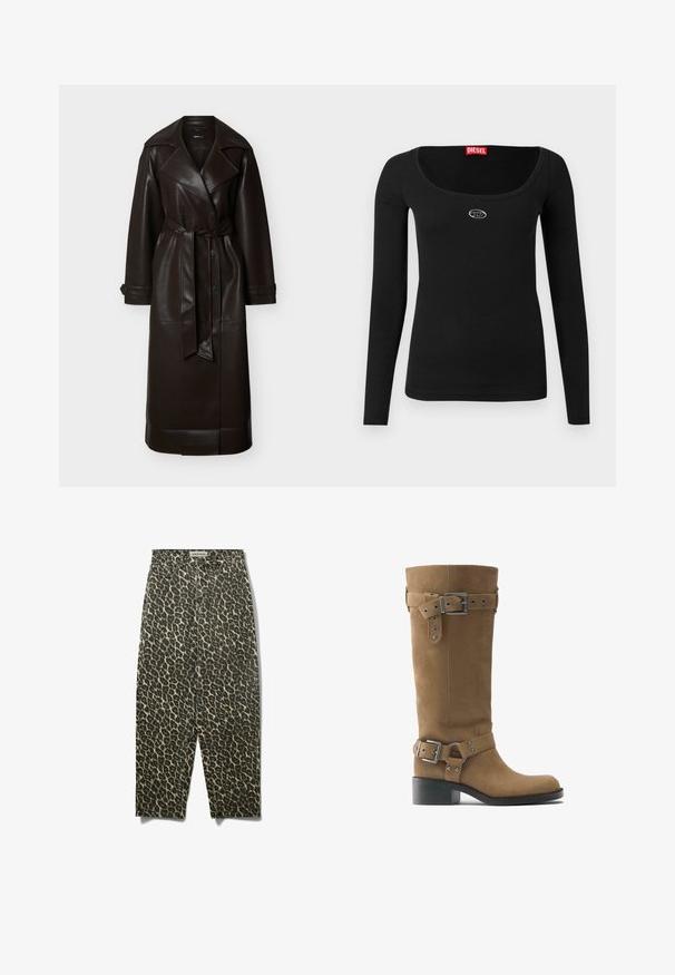 Trench-coat long en cuir marron foncé avec larges revers, boutons croisés, taille ceinturée et brides aux poignets, présenté sur un fond blanc.; Haut noir à manches longues en tissu côtelé, avec un large col en U et un petit logo argenté sur la poitrine. Texture lisse.; Pantalon en denim à imprimé léopard avec taille haute, coupe droite et style cinq poches, fermeture par bouton en métal.; Botte haute en daim marron avec deux boucles et lanières argentées réglables, bout rond et talon bloc noir bas.