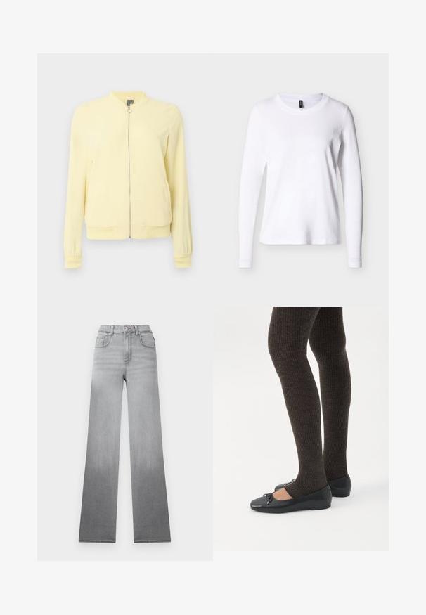 Chaqueta bomber amarilla con cierre de cremallera, puños y dobladillo acanalados, y cuello redondo. Hecha de tela lisa con una textura ligera.; Camiseta blanca de manga larga con cuello redondo, mostrada sobre un fondo neutro, vista frontal con una etiqueta negra en el cuello.; Jeans grises con un efecto ombré descolorido, diseño de cintura alta, estilo clásico de cinco bolsillos y piernas rectas y anchas hechas de tela de mezclilla.; Piernas con leggings oscuros acanalados combinados con bailarinas negras que presentan pequeños detalles de lazo sobre un fondo blanco.