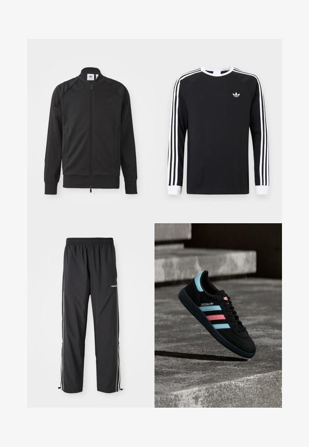 Sort atletisk zip-up jakke lavet af glat stof. Har en høj krave, raglanærmer, to sidelommer og et prægede logo på brystet.; Sort langærmet T-shirt med hvidt trestribet design på ærmerne. Har rund halsudskæring og et lille hvidt logo på brystet.; Sorte atletiske bukser lavet af letvægtsstof, med hvide sidelister, elastisk talje og justerbare ankelmanchetter.; Sort Adidas Spezial sneaker med blå og pink striber, svævende over en tekstureret grå betonoverflade med skygge nedenunder.