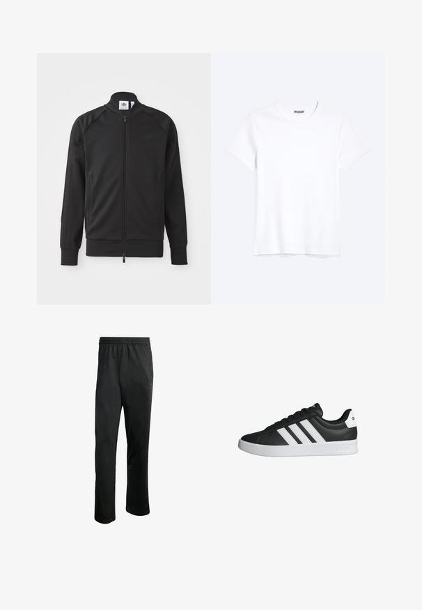 Sort atletisk zip-up jakke lavet af glat stof. Har en høj krave, raglanærmer, to sidelommer og et prægede logo på brystet.; Enkelt hvid T-shirt med korte ærmer og rund hals med synligt WEEKDAY-mærke i kraven, vist på en lys baggrund.; Sorte træningsbukser med en komfortabel elastisk livline, to sidelommer og et glat, let stof. Har diskrete logo detaljer.; Sort Adidas lavtopet sneakers med hvide tre striber, hvid sål og mærket hælflig, vist i sideprofil på hvid baggrund.