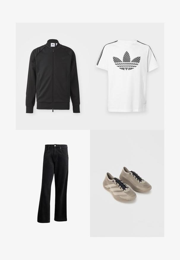 Sort atletisk zip-up jakke lavet af glat stof. Har en høj krave, raglanærmer, to sidelommer og et prægede logo på brystet.; Hvid bomuld t-shirt med sort grafisk trefoil-logo på fronten og sorte striber langs skuldrene som accent.; Sorte denim jeans med straight-leg design, der har frontlommer, en knaplukning og en let tekstur. Inkluderer en diskret logo detalje.; Par beige sportssko med sorte snørebånd, med et tekstureret, stribet mønster og tre side striber på en ensfarvet baggrund.