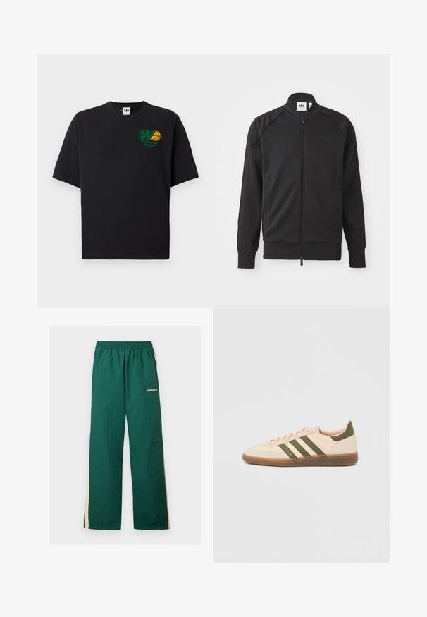 Mustan värvi sportlik tõmblukuülikond, mis on valmistatud siledast kangast. Sellel on kõrge krae, raglan varrukad, kaks küljetaskut ning rinnal on 3D-logo.; Must beerekate musta t-särk lühikeste varrukatega. Esiplaanil on roheline ja kollane "Worldwide Hoops" graafika. Lõdvas lõikes, ümara kaelusega.; Rohelised Adidas trennipüksid beeži küljeribade, elastse vöö ja valge Adidas logo ülemisel vasakul jalal.; Madalprofiilne beež Adidas Spezial toss rohelist värvi triipude, kummist tallaga ja "SPEZIAL" brändinguga küljel, nähtav välisküljelt.