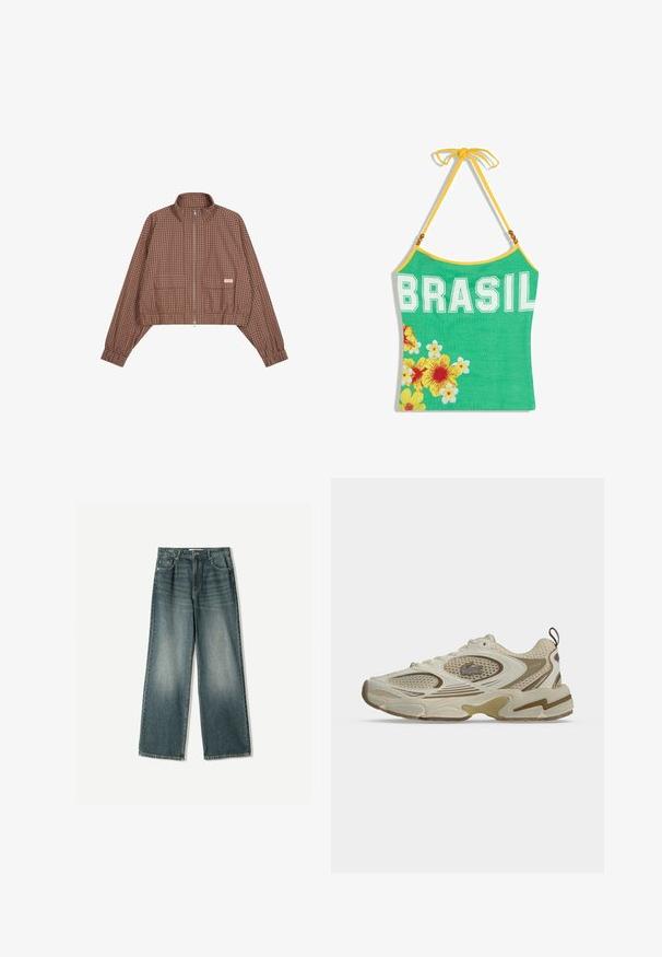 Brun og sort ternet cropped jakke med fuld lynlås foran, høj krave, lange ærmer, elastiske manchetter og to forlommer med et lille mærke.; Grøn haltertop med gul kant, tekst "BRASIL" og gule og hvide tropiske blomster nederst til venstre.; Bredde ben denim jeans i falmet blå vask, med fem lommer, knaplukning og subtile slidser foran.; Beige og creme chunky sneaker med meshpaneler, tekstureret sål, snøredesign og et lille krokodillelogo på siden.