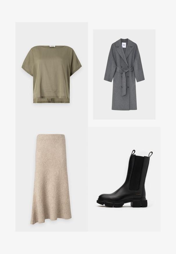 Manteau en laine grise avec un devant à double boutonnage, de grands revers, une taille ceinturée et des manches longues. Il présente deux grands boutons et une texture lisse.; Haut court olive en vert, fabriqué en tissu léger, présentant une coupe ample et un ourlet droit. Design minimaliste avec un col rond.; Jupe mi-longue en A de couleur beige doux avec une surface texturée et sans fermetures ni motifs visibles.; Bottine en cuir noir à panneaux élastiques sur les côtés, semelle en caoutchouc épaisse et tirants. Présente un logo subtilement embossé sur le côté.