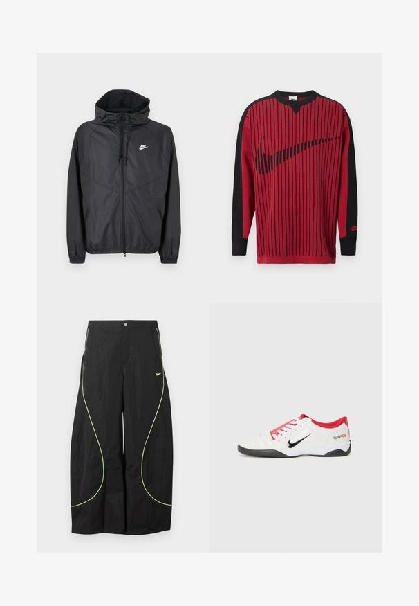 Sort Nike windbreakerjakke med hætte, lynlås foran, snoretræk, elastiske manchetter og hvidt logo på venstre bryst.; Rød strikket sweatshirt med sorte lodrette striber, sorte ærmer og en sort Nike-logo. Har rund hals og ribbet ærmekanter.; Sorte Nike bukser med brede ben, med neon-grøn buet piping og lille Nike swoosh-logo på højre lår, knap- og lynlåslukning i taljen.; Hvide atletiske sko med røde accenter, sort Swoosh-logo og struktureret design. Har hvide snørebånd og en sort ydersål. Teksten læser "total90."