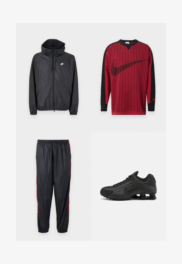 Μαύρο αδιάβροχο μπουφάν Nike με κουκούλα, εμπρόσθιο φερμουάρ, κορδόνια ρύθμισης, ελαστικά μανίκια και λευκό λογότυπο στο αριστερό στήθος.; Κόκκινο πλεκτό φούτερ με μαύρες κάθετες ρίγες, μαύρα μανίκια και μαύρο λογότυπο Nike. Διαθέτει στρογγυλή λαιμόκοψη και ribbed μανσέτες.; Μαύροι φόρμες Nike με κόκκινες ρίγες στο πλάι, ελαστική μέση με κορδόνι και ελαστικές μανσέτες.; Μαύρα αθλητικά παπούτσια με λείο συνθετικό άνω μέρος, διάτρητες λεπτομέρειες, υφή στις πλευρές και ξεχωριστή ελαστική σόλα.