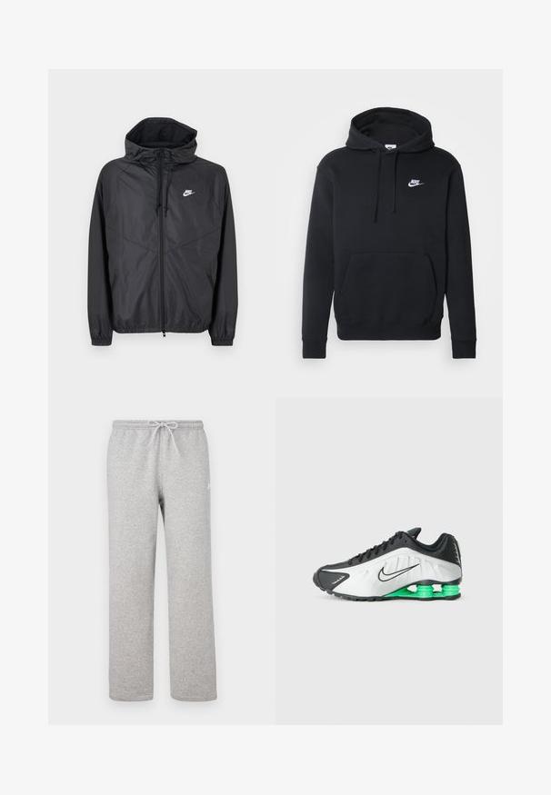 Chaqueta cortavientos negra de Nike con capucha, cremallera frontal, cordones, puños elásticos y logo blanco en el pecho izquierdo.; Sudadera negra de mezcla de algodón, con un bolsillo frontal, capucha ajustable con cordón y un pequeño logo blanco en el pecho.; Pantalones deportivos grises con cintura elástica y cordón ajustable. Fabricados con tela suave, cuentan con piernas rectas y un sutil detalle de logotipo.; Zapatilla deportiva en blanco y negro con detalles en verde, que presenta un diseño elegante, parte superior texturizada y una suela segmentada distintiva.