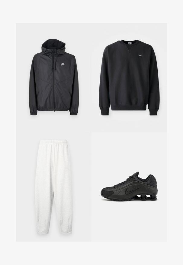 Sort Nike windbreakerjakke med hætte, lynlås foran, snoretræk, elastiske manchetter og hvidt logo på venstre bryst.; Sort Nike sweatshirt med rund halsudskæring og lange ærmer, med det ikoniske swoosh-logo i hvidt på brystet.; Lyse grå sweatsbukser lavet af blødt stof, med elastisk talje, tætsiddende ben og ankelmanchetter. Simpelt design uden mønstre.; Sorte løbesko med en glat syntetisk overdel, perforerede detaljer, teksturerede sidedele og en distinkt fjedrende sål.