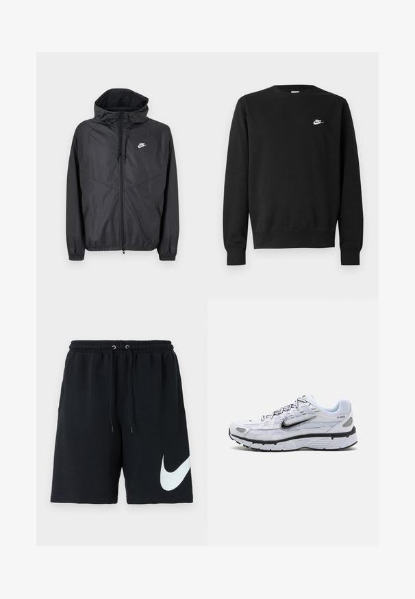 Čierna vetrovka Nike s kapucňou, predným zipsom, sťahovacími šnúrkami, elastickými manžetami a bielym logom na ľavej strane hrudníka.; Čierna bavlnená mikina s okrúhlym výstrihom, dlhými rukávmi a malým bielym logom Nike na ľavej hornej strane hrudníka.; Čierne bavlnené šortky s elastickým pásom, šnúrkou, bočnými vreckami a veľkým bielym logom Nike potlačeným na ľavej strane.; Biele bežecké topánky s textilným zvrškom, zaoblenou špičkou, čiernymi akcentmi a vzorovanou podrážkou. Obsahujú šnurovanie a značku na boku.