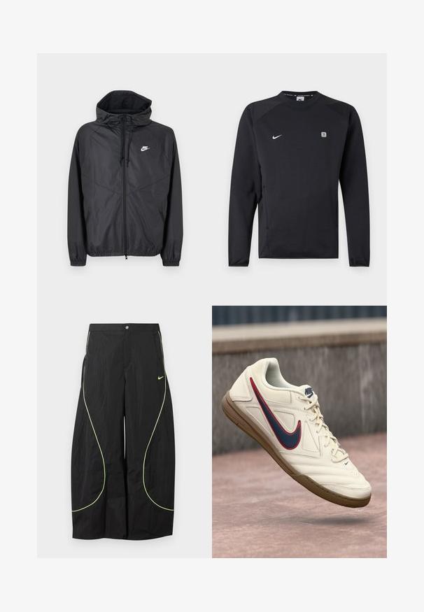 Zwarte Nike windbreaker jas met capuchon, ritssluiting aan de voorkant, trekkoorden, elastische manchetten en wit logo op de linkerborst.; Zwarte Nike sport-sweater met lange mouwen en een ronde hals, witte Nike swoosh op de borst en een klein vierkant logo aan de rechterkant.; Zwarte wijde Nike-broek met neon groene gebogen biezen en klein Nike-swoosh-logo op de rechterdij, knoop- en ritssluiting in de taille.; Witte Nike sneaker met een blauwe en rode swoosh, textuurleer bovenwerk, vetersluiting en een gumrubberen zool.