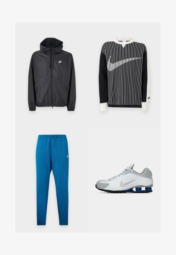 Schwarze Nike Windbreaker-Jacke mit Kapuze, Frontreißverschluss, Kordelzug, elastischen Bündchen und weißem Logo auf der linken Brust.; Schwarz-weißes Langarmpullover mit vertikalen Streifen, die sich auf der Vorderseite zu einem großen Nike-Swoosh formen, und kleinem Nike-Logo am Bündchen des linken Ärmels.; Blaue Sweathosen mit elastischem Bund und verstellbarem Kordelzug. Mit einem weißen Logo auf dem Oberschenkel und tapered Bündchen an den Knöcheln.; Weißer und grauer Nike-Laufschuh mit silberner Swoosh, blauen federartigen Sohlen und schwarzem Profil auf einem schlichten Hintergrund.