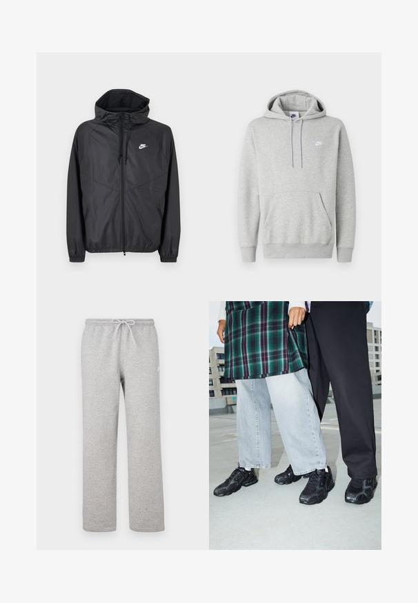 Must Nike tuulekindel jakk kapuutsiga, esines tõmblukk, nöörid, elastsed varrukapärastused ja valge logo vasakul rinnal.; Helehall kapuutsiga dressipluus pehmest kangast, millel on kängurutasku, nööriga kapuuts ja väike valge logo rinnal.; Hallid dressipüksid elastse vöö ja nööriga. Valmistatud pehmest kangast, sirgete sääreosadega ja tagasihoidliku logoga.; Mustad mustad jalanõud, millel on võrkkangast ja kummist aktsendid. Kannab heledat halli laiade jalgadega teksapükse ja ruudulist rohelisest topi. Lame pind taust.