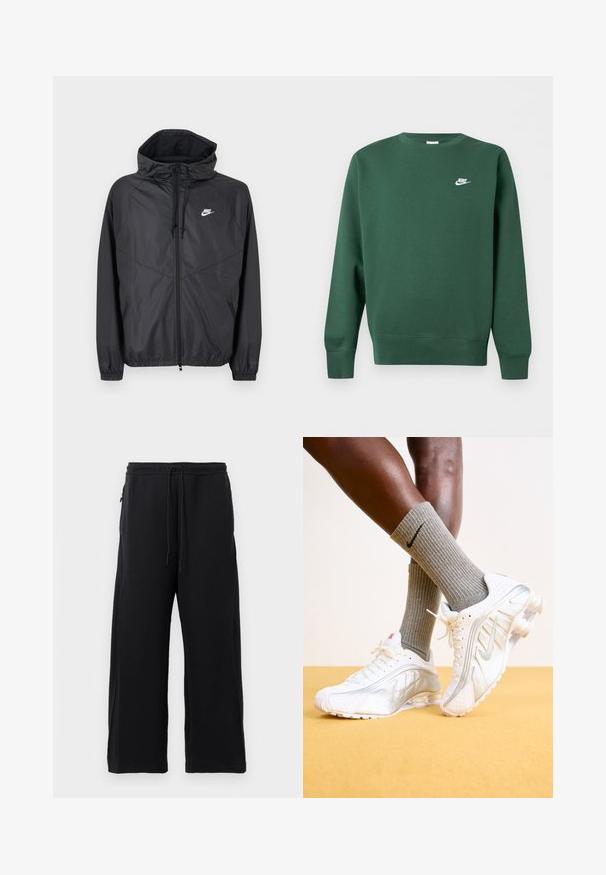 Zwarte Nike windbreaker jas met capuchon, ritssluiting aan de voorkant, trekkoorden, elastische manchetten en wit logo op de linkerborst.; Donkergroene crewneck sweatshirt met lange mouwen en klein wit Nike-logo op de linkerborst.; Zwarte joggingbroek van zacht materiaal, met een verstelbare tailleband, een wijdere broekspijpenontwerp en zijzakken met een gladde textuur.; Nike sneakers in het wit met zilveren accenten, met textuurpanelen en perforaties. Gecombineerd met grijze geribde sokken, tegen een gele achtergrond.