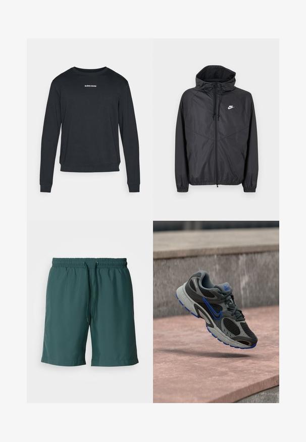 Schwarze Nike Windbreaker-Jacke mit Kapuze, Frontreißverschluss, Kordelzug, elastischen Bündchen und weißem Logo auf der linken Brust.; Schwarzer Langarm-Sweatshirt aus weichem Stoff, mit Rundhalsausschnitt, gerippten Bündchen und einem weißen Logo, das auf der Brust aufgedruckt ist.; Grüne, leichte Shorts mit elastischem Bund und Kordelzug, die eine glatte Textur und seitliche Taschen für zusätzlichen Komfort bieten.; Grauer und schwarzer Nike Laufschuh mit blauen Akzenten, der über Steinstufen im Freien schwebt.