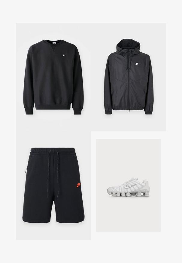 Must Nike tuulekindel jakk kapuutsiga, esines tõmblukk, nöörid, elastsed varrukapärastused ja valge logo vasakul rinnal.; Must musta musta, millel on ümmargune kaelus ja pikad varrukad, ning rinnal on ikooniline valge swoosh logo.; Mustad Nike'i lühikesed püksid elastse vöökohaga, paelaga, küljetaskutega ning väikese oranži Nike'i logoga vasakul reiel.; Valge spordijalats unikaalse vedelikkusarnase tallaga ja hõbedase Nike swoosh logoga külje peal, näidatud välisküljelt.