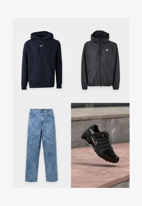 Čierna vetrovka Nike s kapucňou, predným zipsom, sťahovacími šnúrkami, elastickými manžetami a bielym logom na ľavej strane hrudníka.; Námořnická modrá mikina s kapucí vyrobená z bavlněné směsi, obsahující klokaní kapsu, šňůrkovou kapuci a bílé logo Nike na hrudi.; Modré acid-wash denimplnkové nohavice so strihom rovný nohavic, predným gombíkom, pútkom na opasok a štýlom s piatimi vreckami.; Čierny bežecký topánok Nike Shox s bielym logom Swoosh, vo vzduchu nad ružovým betónovým povrchom na pozadí sivej kamennej steny.