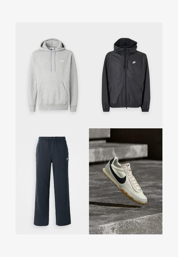 Μαύρο αδιάβροχο μπουφάν Nike με κουκούλα, εμπρόσθιο φερμουάρ, κορδόνια ρύθμισης, ελαστικά μανίκια και λευκό λογότυπο στο αριστερό στήθος.; Ανοιχτό γκρι φούτερ με κουκούλα από απαλό ύφασμα, με τσέπη καγκουρό, ρυθμιζόμενη κουκούλα με κορδόνι και μικρό λευκό λογότυπο στο στήθος.; Σκούρο ναυτικό παντελόνι φόρμας με ελαστική μέση και κορδόνι. Φτιαγμένο από μαλακό ύφασμα, με μικρό λευκό λογότυπο στο αριστερό ισχίο.; Λευκό και μαύρο αθλητικό παπούτσι Nike με καφέ σόλα, κρεμασμένο πάνω από σκάλες από σκυρόδεμα, φωτισμένο από φυσικό ηλιακό φως.