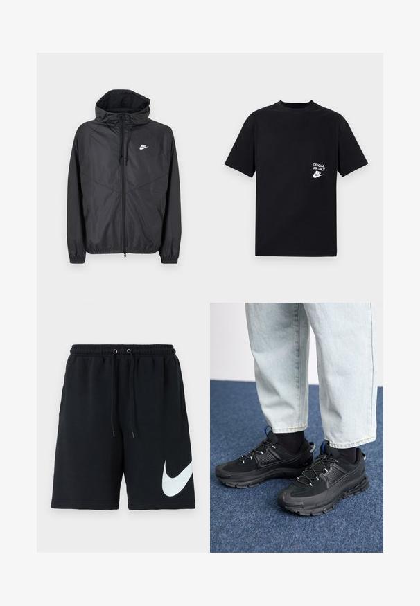 Chaqueta cortavientos negra de Nike con capucha, cremallera frontal, cordones, puños elásticos y logo blanco en el pecho izquierdo.; Camiseta de algodón negra con mangas cortas, cuello redondo, que presenta el texto blanco "USO OFICIAL SOLAMENTE" y el logo de Nike en el lado izquierdo del pecho.; Shorts de algodón negros con cinturilla elástica, cordón, bolsillos laterales y un gran logo blanco de Nike impreso en el lado izquierdo.; Zapatillas deportivas negras con tejido texturizado y suelas de goma, con cordones elásticos y un acento azul en el talón. Combinadas con pantalones de mezclilla claros.