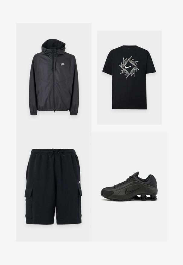 Sort Nike windbreakerjakke med hætte, lynlås foran, snoretræk, elastiske manchetter og hvidt logo på venstre bryst.; Sort T-shirt med korte ærmer med en hvid Nike-swoosh i midten, omgivet af et dynamisk spidset cirkeldesign.; Sorte cargoshorts i bomuld med elastisk talje og snøre, der har to sidelommer og et lille logo.; Sorte løbesko med en glat syntetisk overdel, perforerede detaljer, teksturerede sidedele og en distinkt fjedrende sål.