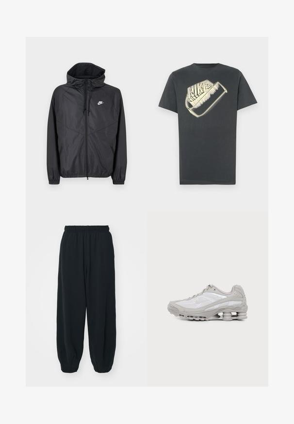 Schwarze Nike Windbreaker-Jacke mit Kapuze, Frontreißverschluss, Kordelzug, elastischen Bündchen und weißem Logo auf der linken Brust.; Dunkelgraues Baumwoll-T-Shirt mit rundem Halsausschnitt. Auf der Vorderseite befindet sich ein großes, stilisiertes "Nike"-Logo in einer helleren Farbe.; Schwarze Sweatpants mit elastischem Bund, lockerer Passform, gerippten Beinabschlüssen, glatter Textur und ohne sichtbare Muster oder Hardware-Akzente.; Grauer und weißer Sportschuh mit sichtbarer Luftpolstersohle und Mesh-Einsätzen, im Profil auf einfachem hellem Hintergrund gezeigt.