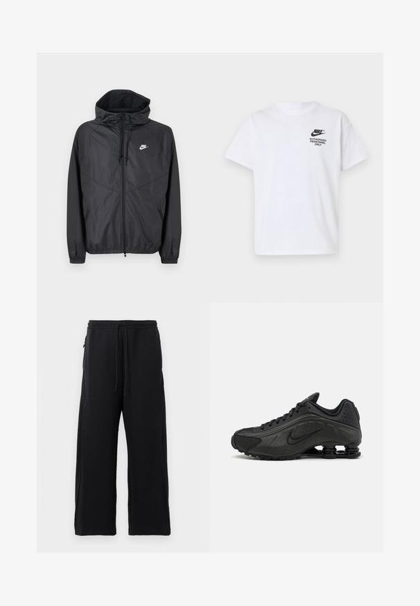 Sort Nike windbreakerjakke med hætte, lynlås foran, snoretræk, elastiske manchetter og hvidt logo på venstre bryst.; Hvid Nike T-shirt med korte ærmer med sort "Nike" logo og teksten "Kun autoriseret personale" på venstre bryst.; Sorte joggingbukser lavet af blødt stof, med snoretræk i livet, bred ben-design og sidelommer med en glat overflade.; Sorte løbesko med en glat syntetisk overdel, perforerede detaljer, teksturerede sidedele og en distinkt fjedrende sål.